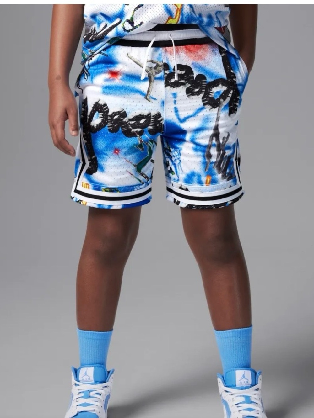 Jordan Blue Graffiti Print basketball Shorts. Youth size large 12-13